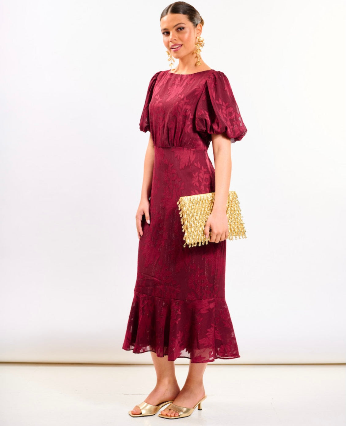 Burgundy Shimmer Puff Sleeve Midi Dress
