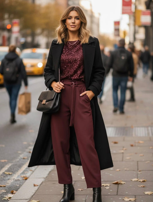 Burgundy Velvet Sequin Top With Bow Detail Back