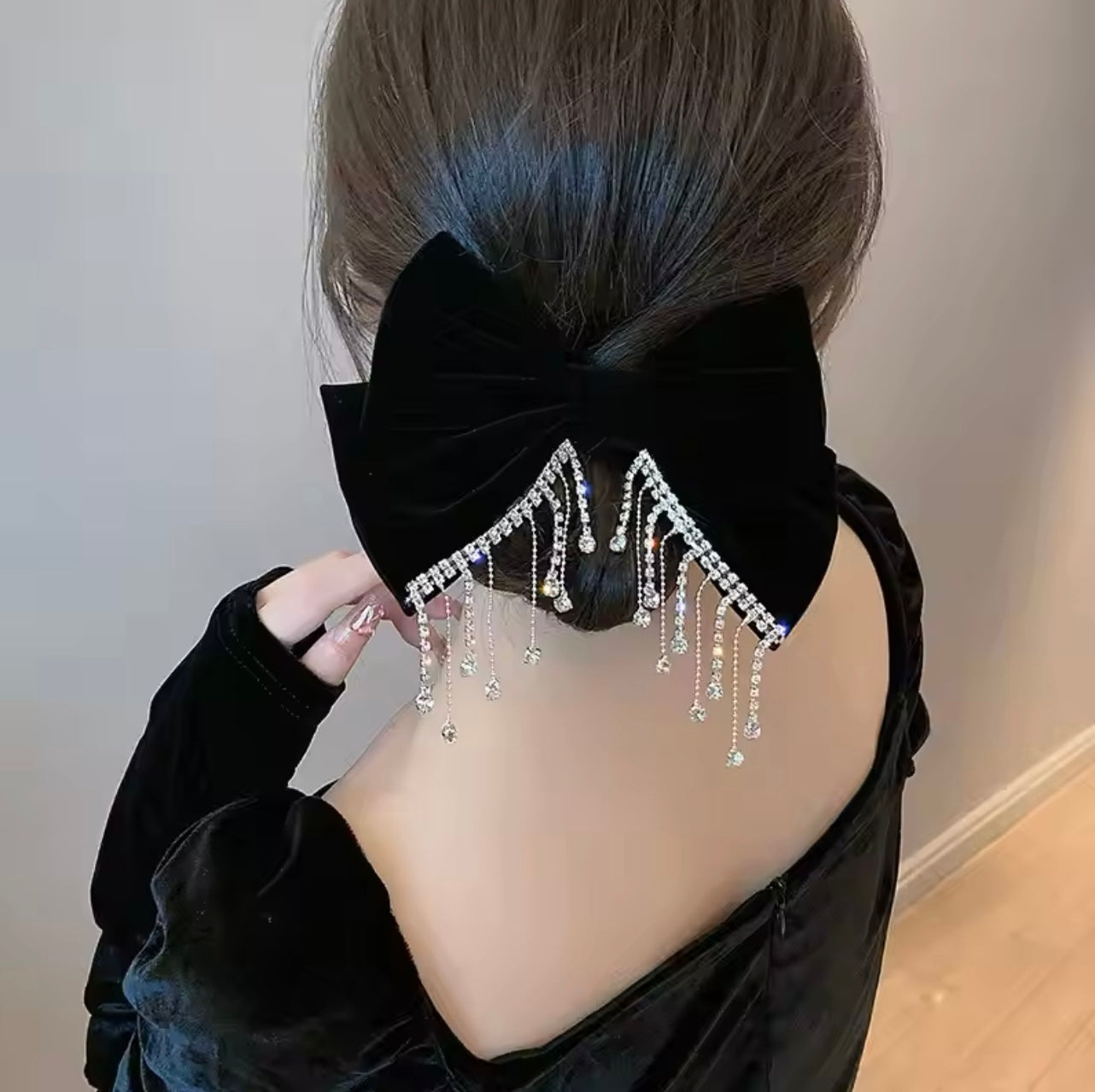 Black Diamanté Drop Detail Velvet Bow