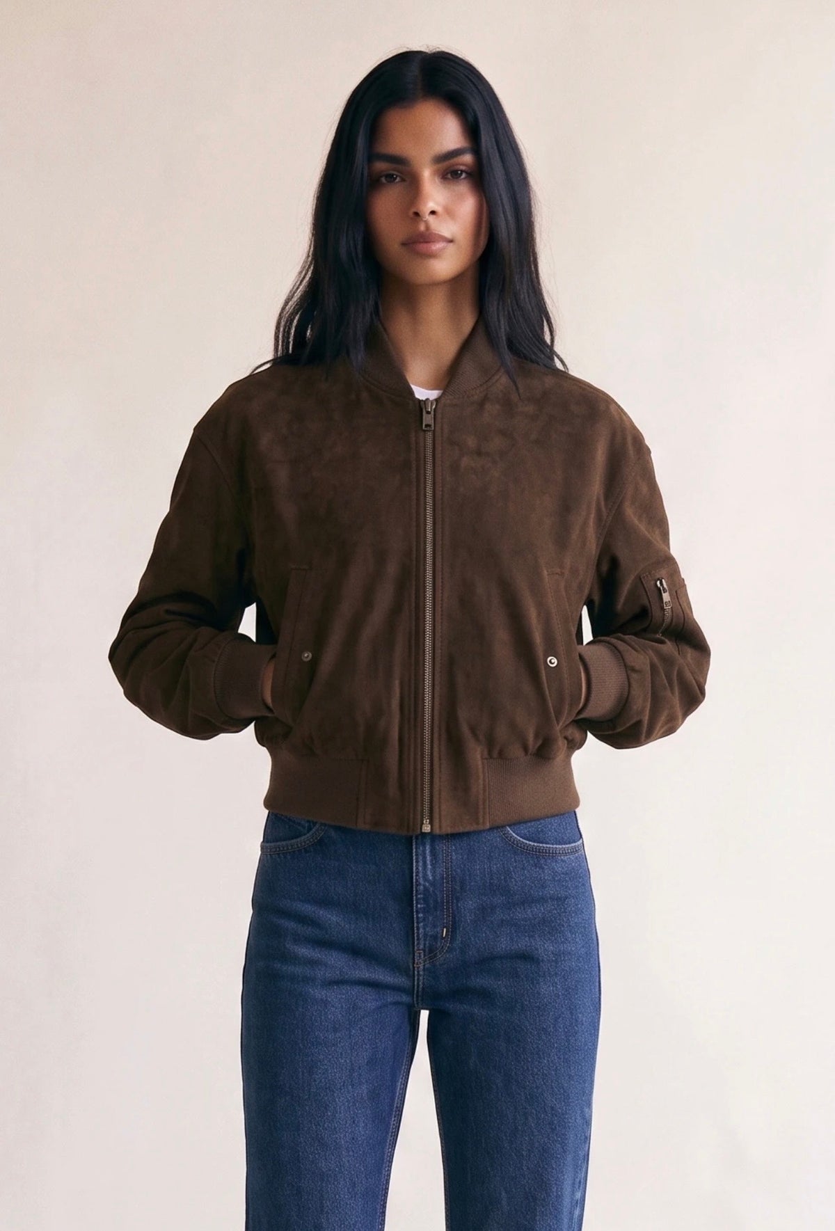 Brown Suede Cropped Bomber Jacket