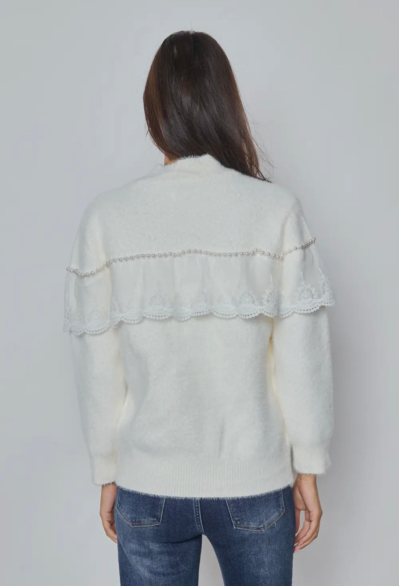 Beatrice White Luxurious Pearl & Lace Cardigan