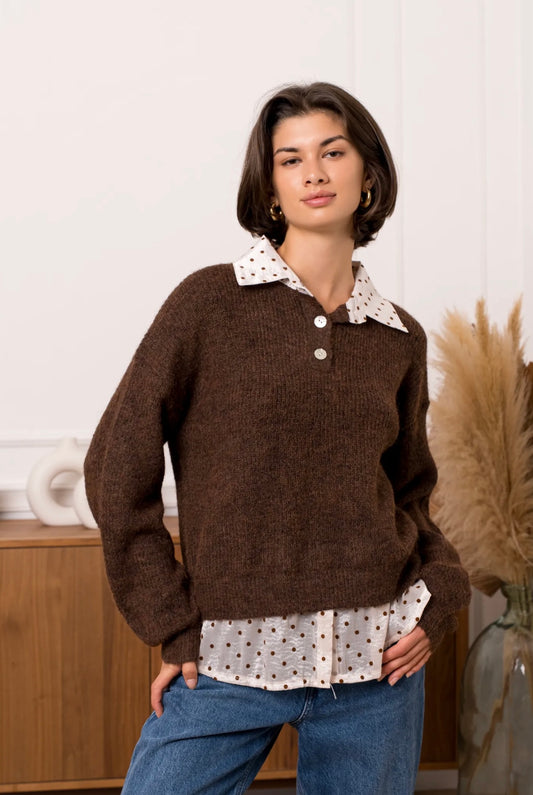 Brown & Cream Polka Dot Shirt Jumper