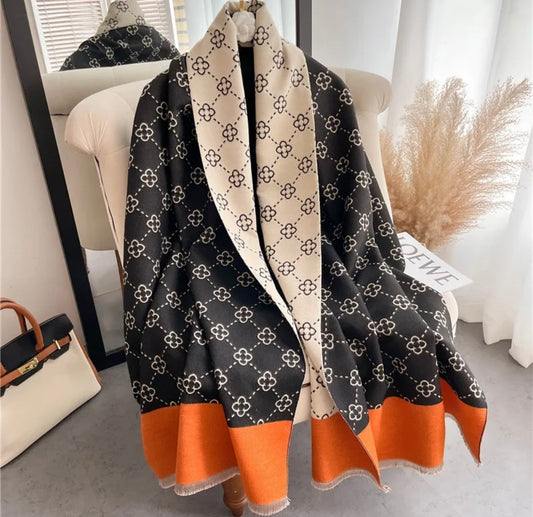 Black, Cream & Orange Floral Monogram Scarf