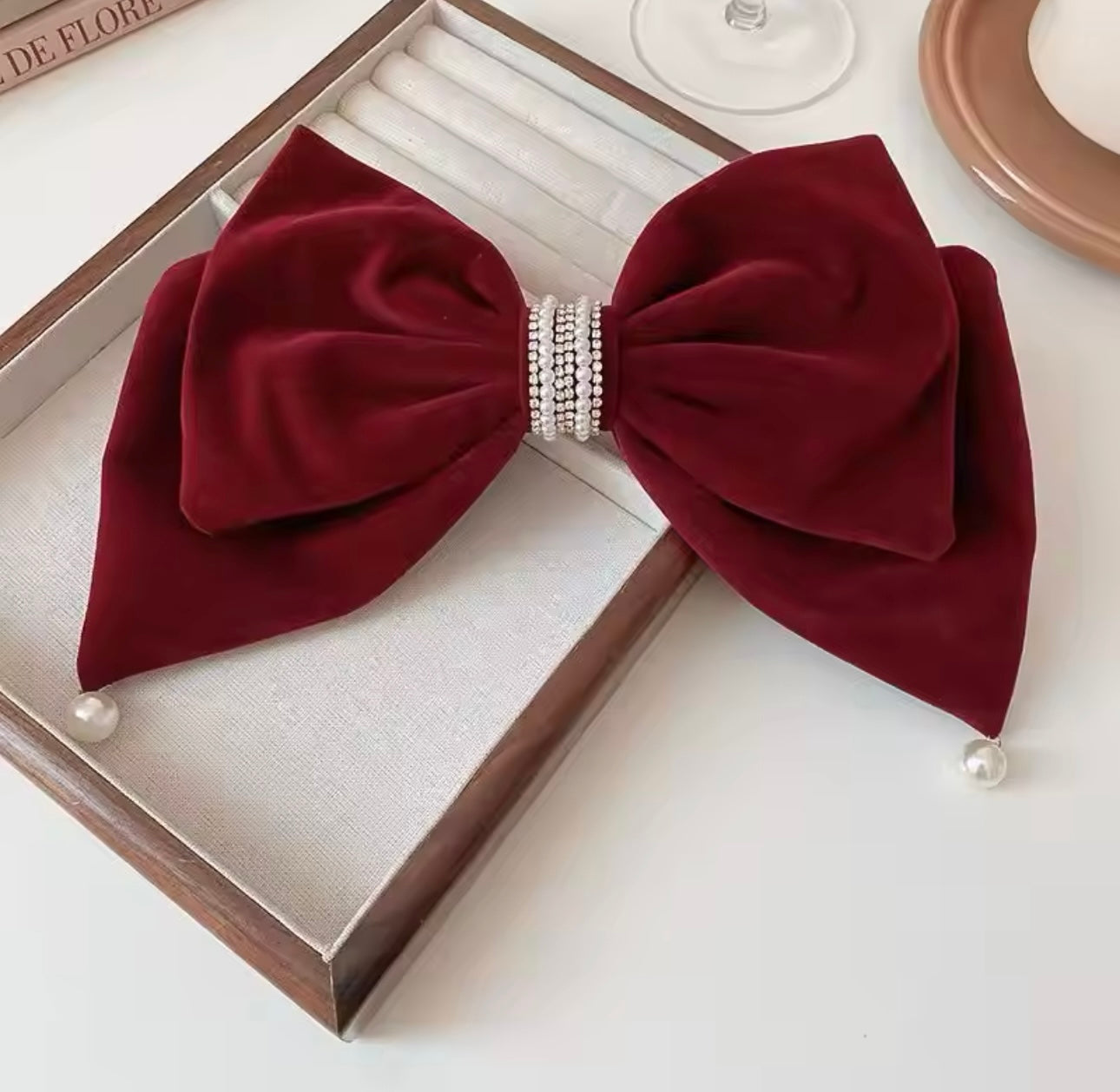 Large Pearl Diamanté Velvet Bow Red