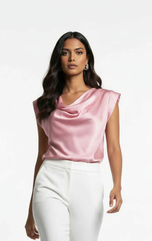 Pink Satin Cowl Neck Top