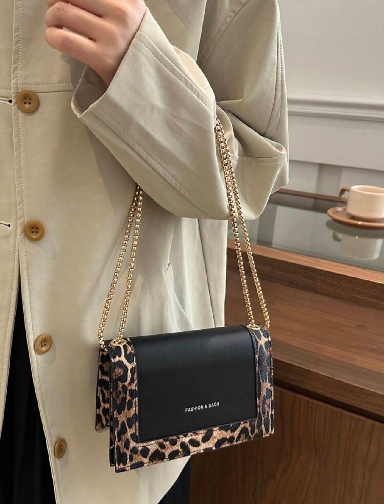 Leopard Print Gold Chain Handbag