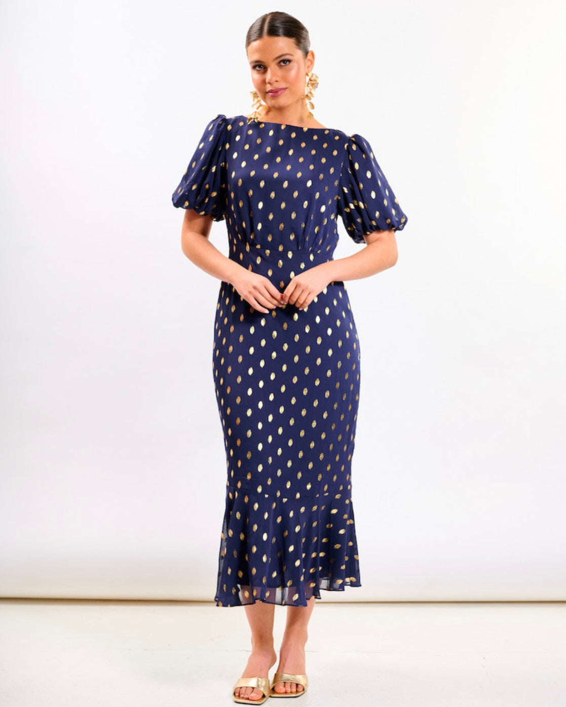 Claudia Navy Gold Foil Polka Dot Midi Dress