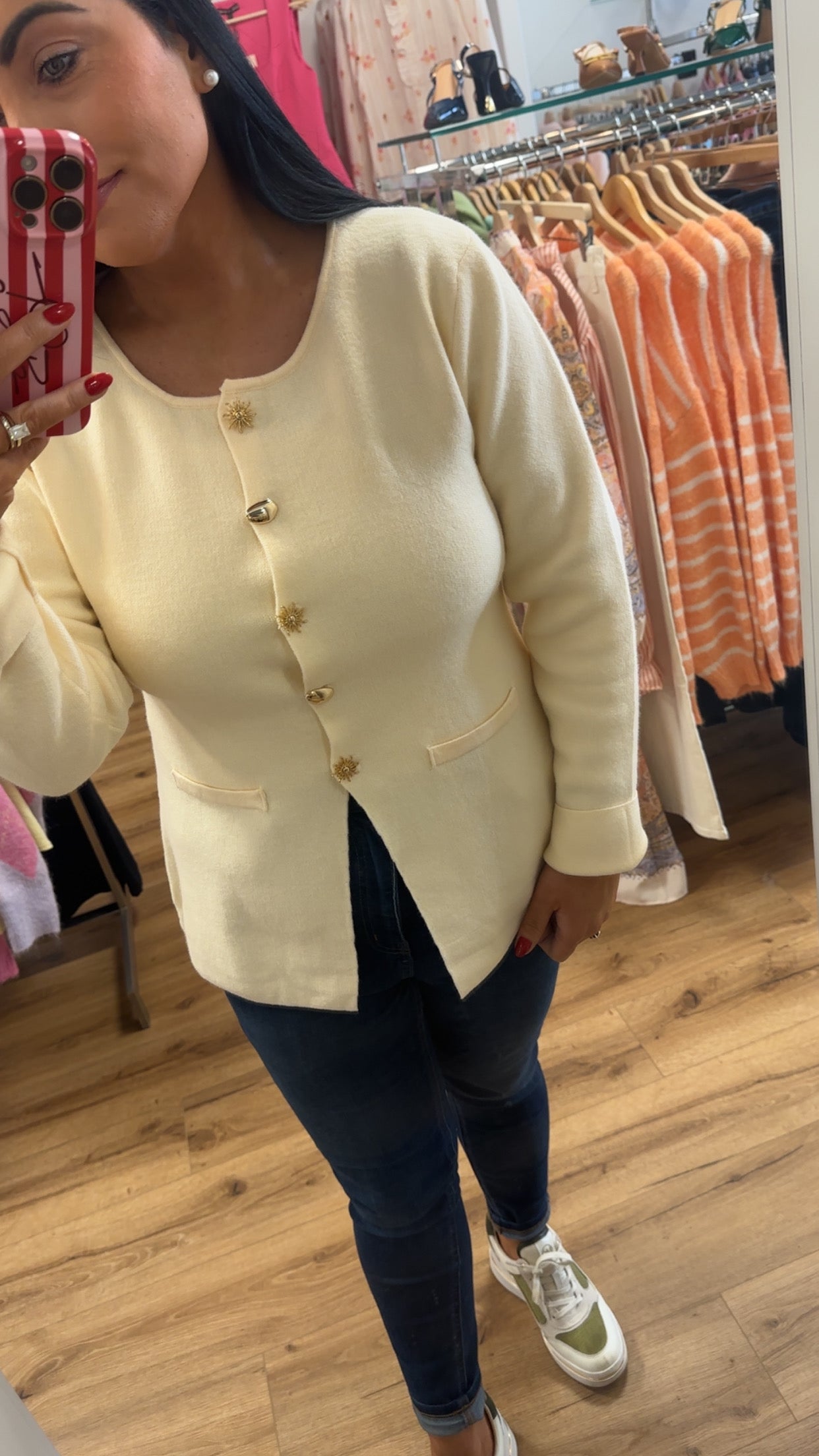 Carly Cream Peplum Cardigan Top With Gold Button Appliqué