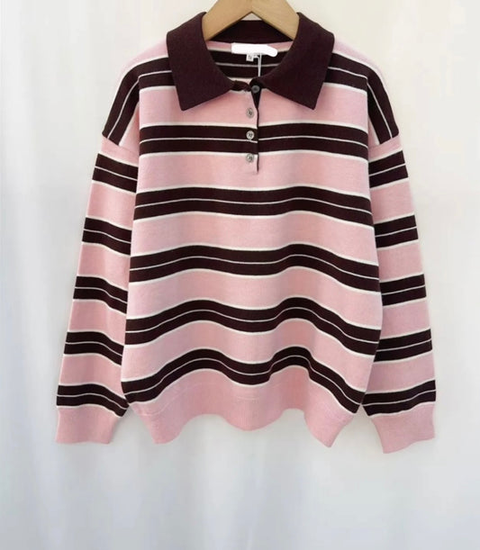 Elsie Pink & Brown Collared Jumper