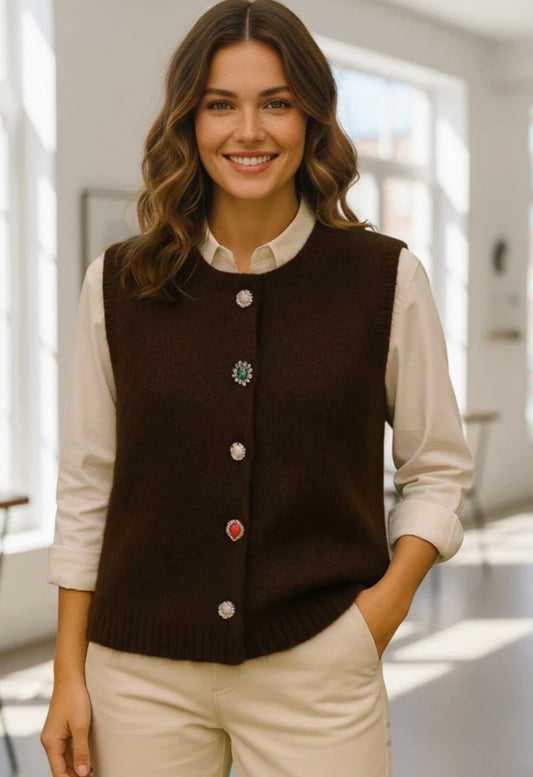 Brown Waistcoat With Vintage Embellished Buttons