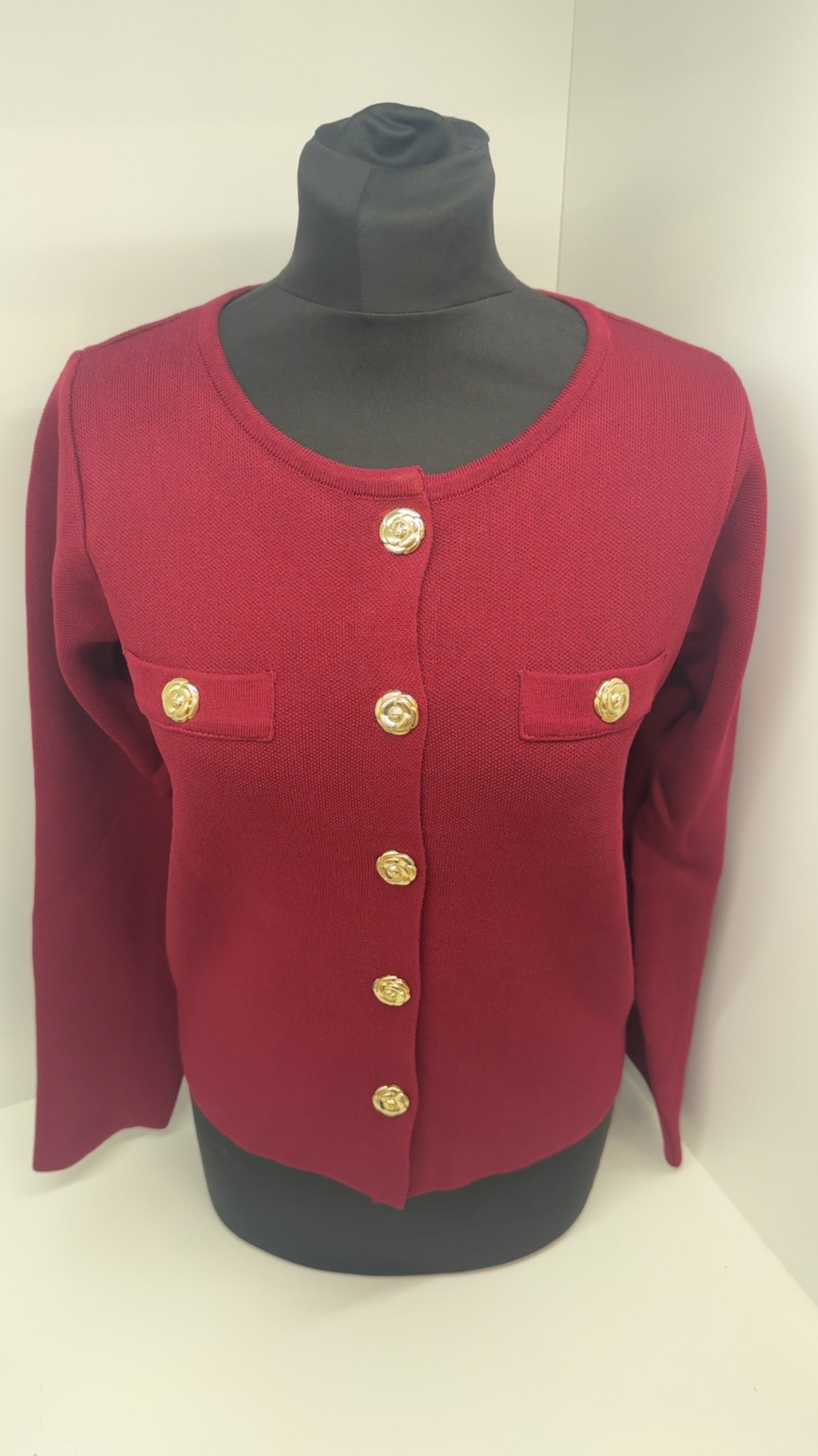 Burgundy Cardigan With Gold Statement Buttons