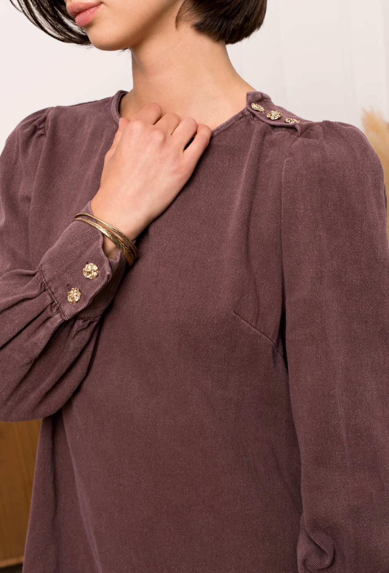 Chocolate Denim Dress With Gold Button Detail