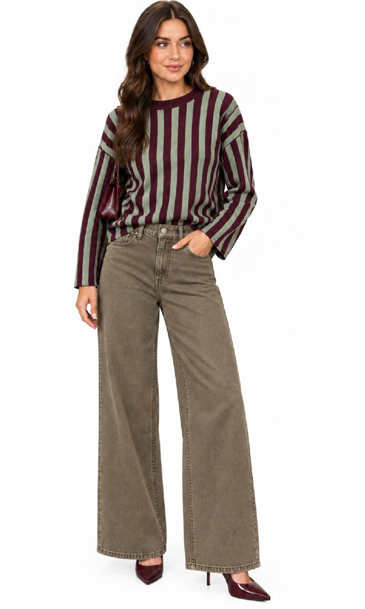 Khaki & Burgundy Striped Jumper