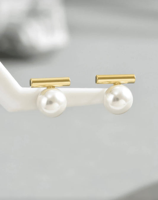 Gold Pearl T-Bar Earrings