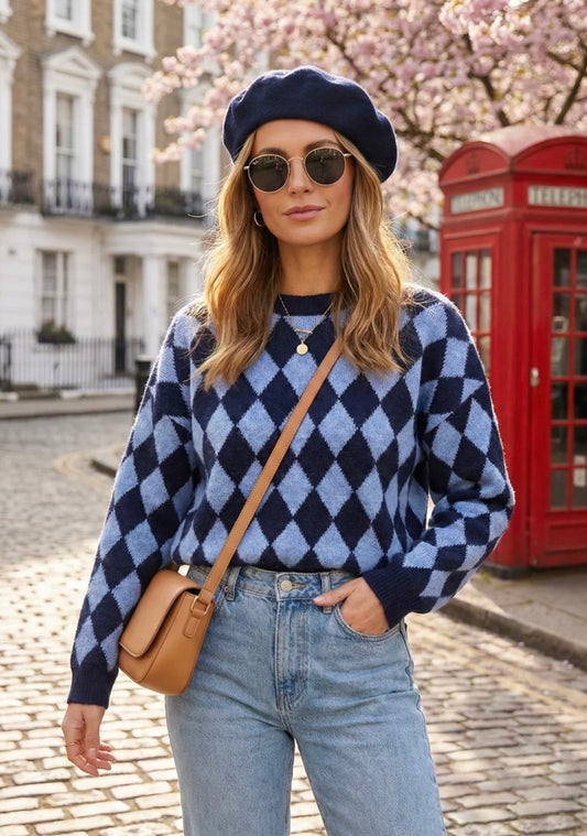 Navy & Blue Diamond Knit Jumper