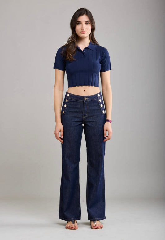 Toxik Dark Denim Gold Button Wide Leg Jeans