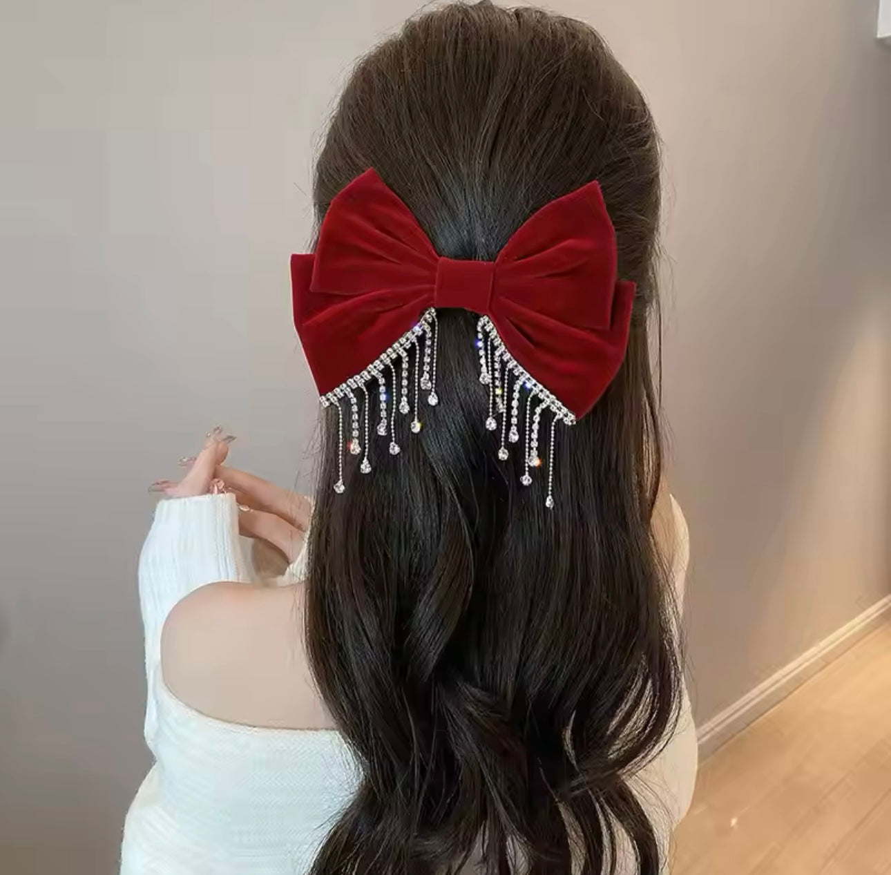 Red Diamanté Drop Detail Velvet Bow