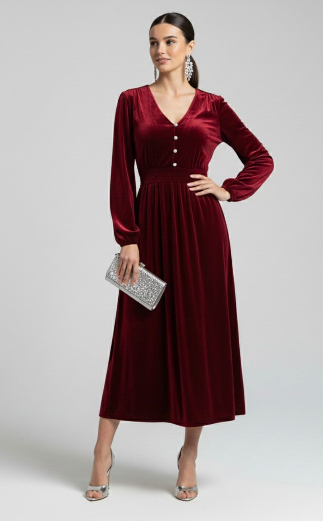 Burgundy Velvet Diamanté Button Embellished Midi Dress