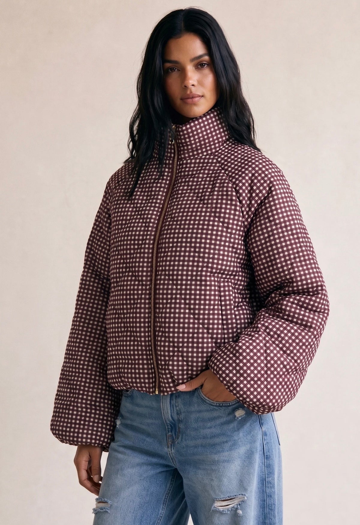 Ava Coat Checked Burgundy