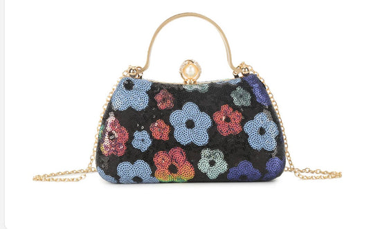 Navy Diamanté Handle Floral Sequin Bag