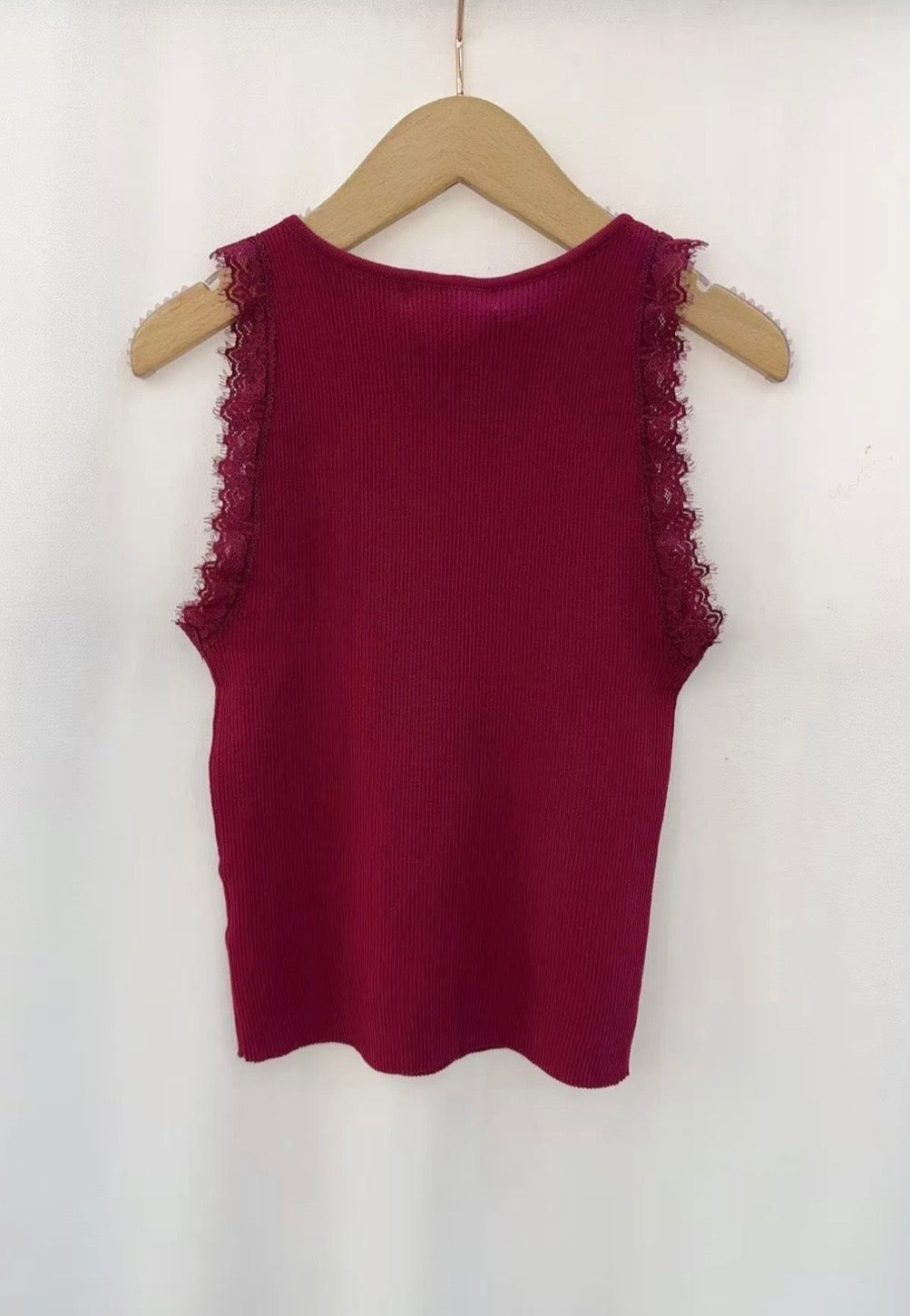 Burgundy Ribbed Lace Detail Top