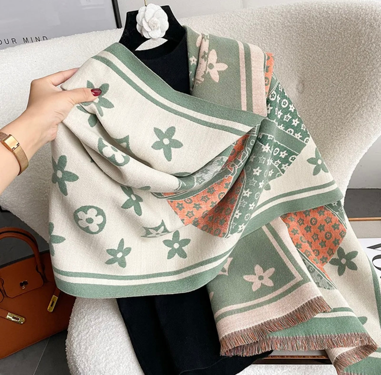 Sage/Cream/Coral Floral Monogram Scarf