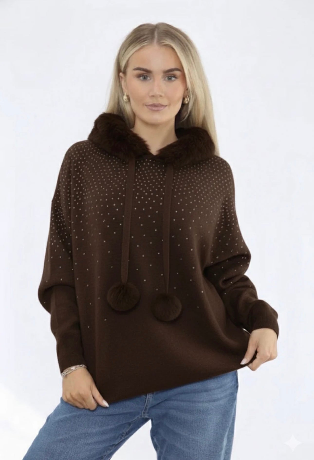 Dark Brown Diamanté Embellished Hoodie