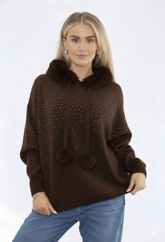 Dark Brown Diamanté Embellished Hoodie