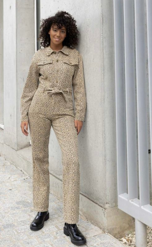 Tess Leopard Print Denim Jumpsuit