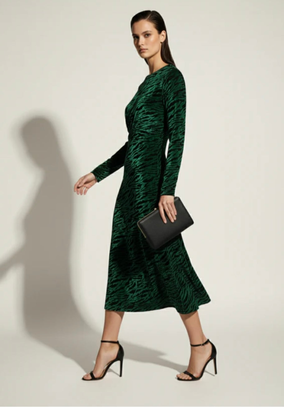 Velvet Zebra Print Midi Dress In Emerald & Black