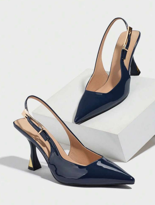 Navy Patent Gold Heel Detail Slingbacks