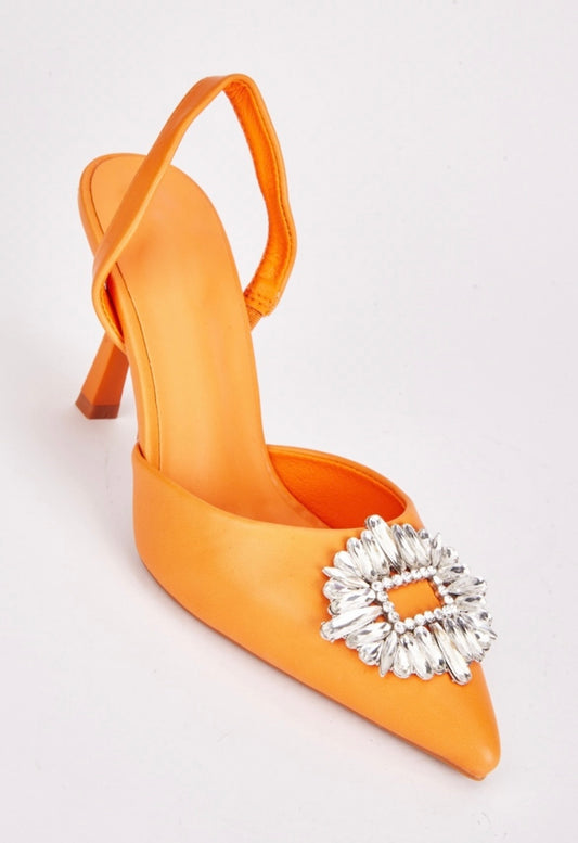 Orange Rhinestone Slingback Heels