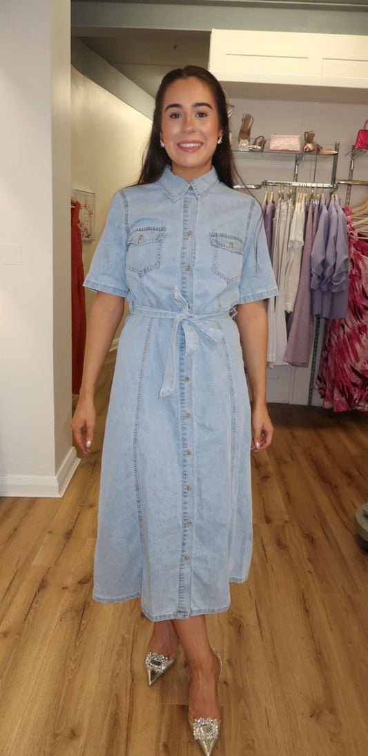 Nikki Denim Belted Midi Dress (size 6,8,10)