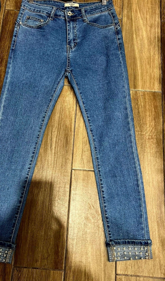 Lucy Light Denim Pearl Turn Up Jeans (size 16)