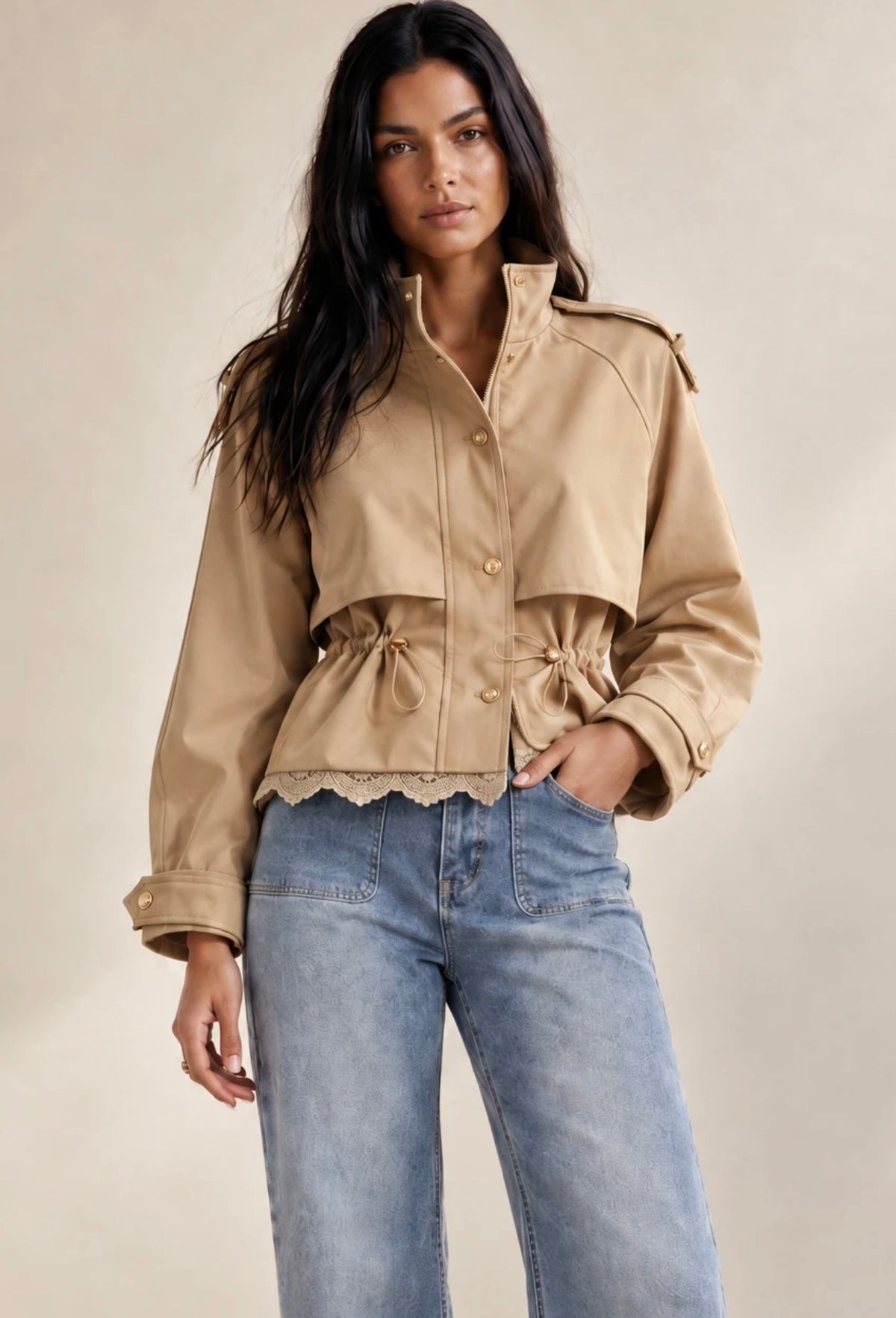 Beige Lace Back Short Trench Coat