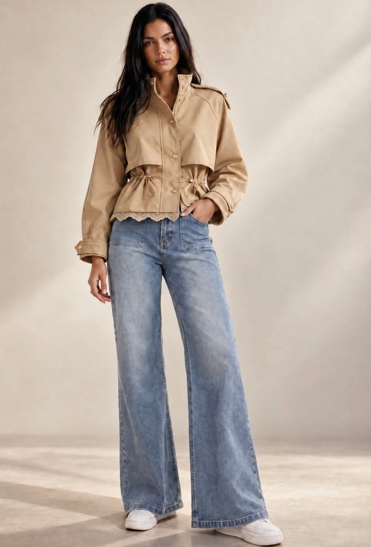 Beige Lace Back Short Trench Coat