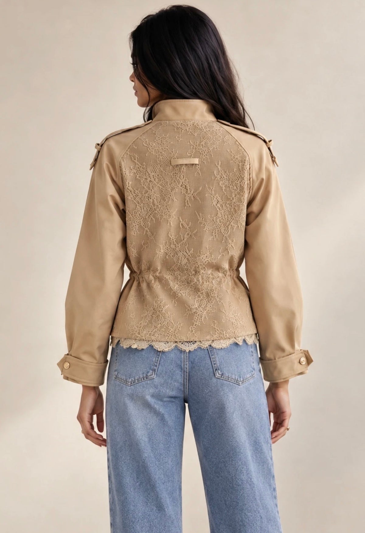 Beige Lace Back Short Trench Coat