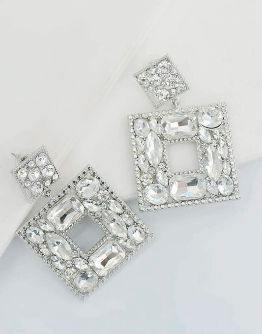 Geo Square Earrings Silver Crystal