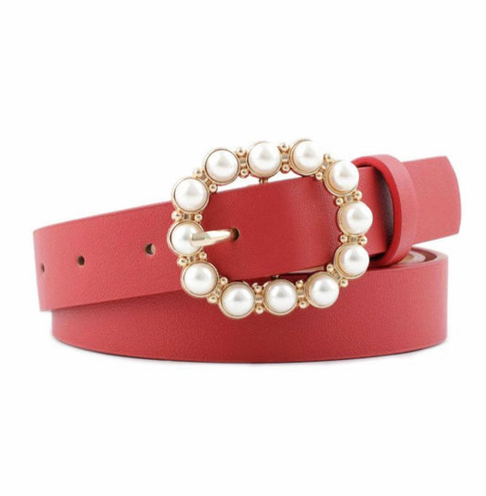 Round Pearl Buckle Belt Red