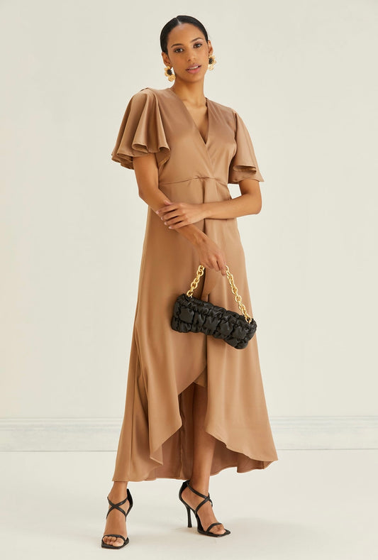 Tessa Satin Wrap Dress In Gold