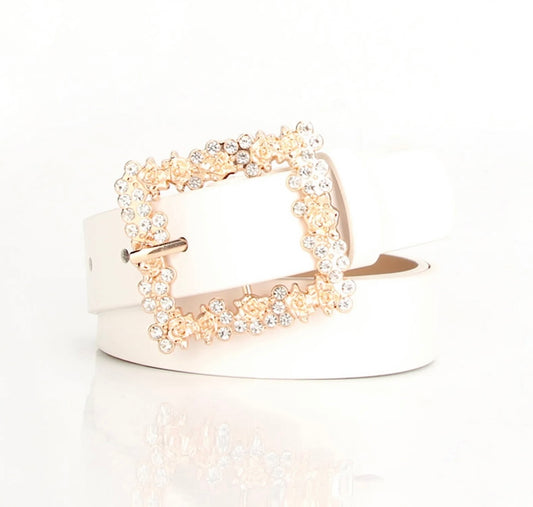 Diamanté Square Buckle Belt White