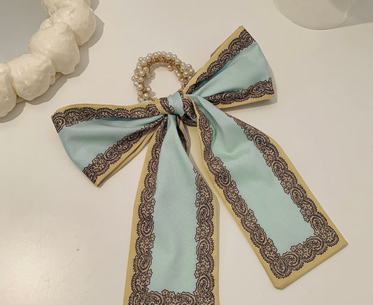 Pearl Ribbon Hair Scrunchie Blue