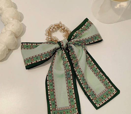 Pearl Ribbon Hair Scrunchie Green